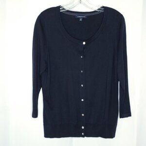 Lands End Womens Cardigan Sweater M Navy Blue Silk Blend 3/4 Sleeve Preppy